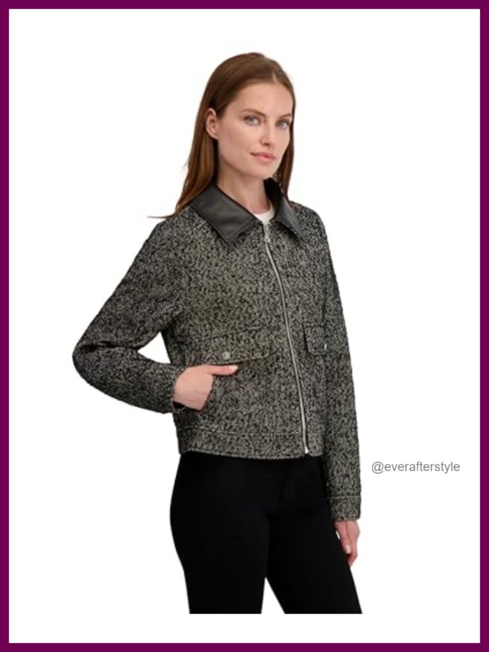 Faux Wool Cropped Jacket with PU Collar Herringbone Coat